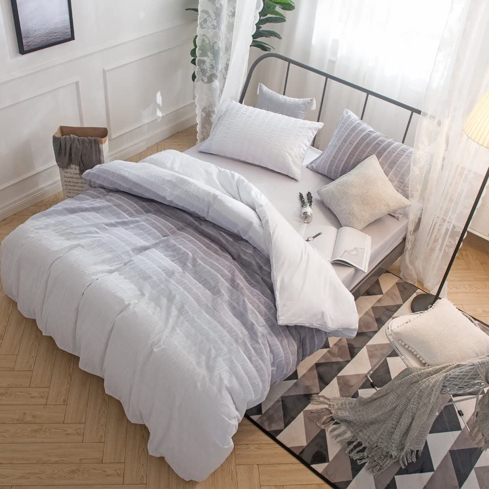 Price:$59.99  Cotton Duvet Cover Set King Size,100% Cotton Woven Seersucker Stripe Bedding Set, Grey and White Duvet Cover Set,3 Pieces (1 Duvet Cover with 2 Pillowshams) - King : Home & Kitchen