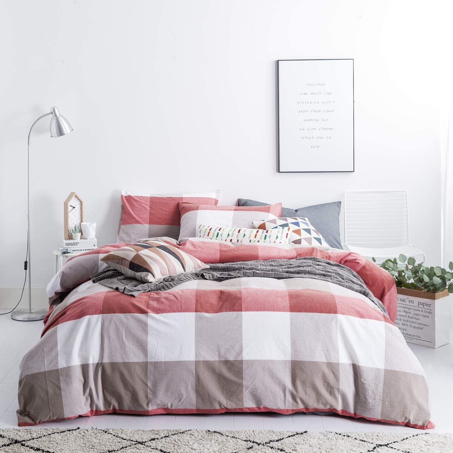 Price:$59.99  Checkered Duvet Cover Set King Size 100% Washed Cotton Red and Brown Plaid Bedding 3 Pieces Set 1 Grid Duvet Cover with Zipper Ties 2 Pillowcases Luxury Quality Soft Breathable Comfortable : Home & Kitchen