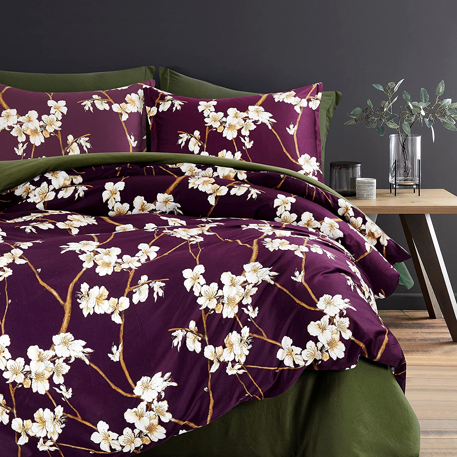 Price:$102.80  Almond Tree Blossom Floral Duvet Cover Chinoiserie Chic Style Blooming Trees Vines and Branches Long Staple Cotton 3pc Bedding Set Asian Garden (Deep Plum, Queen) : Home & Kitchen