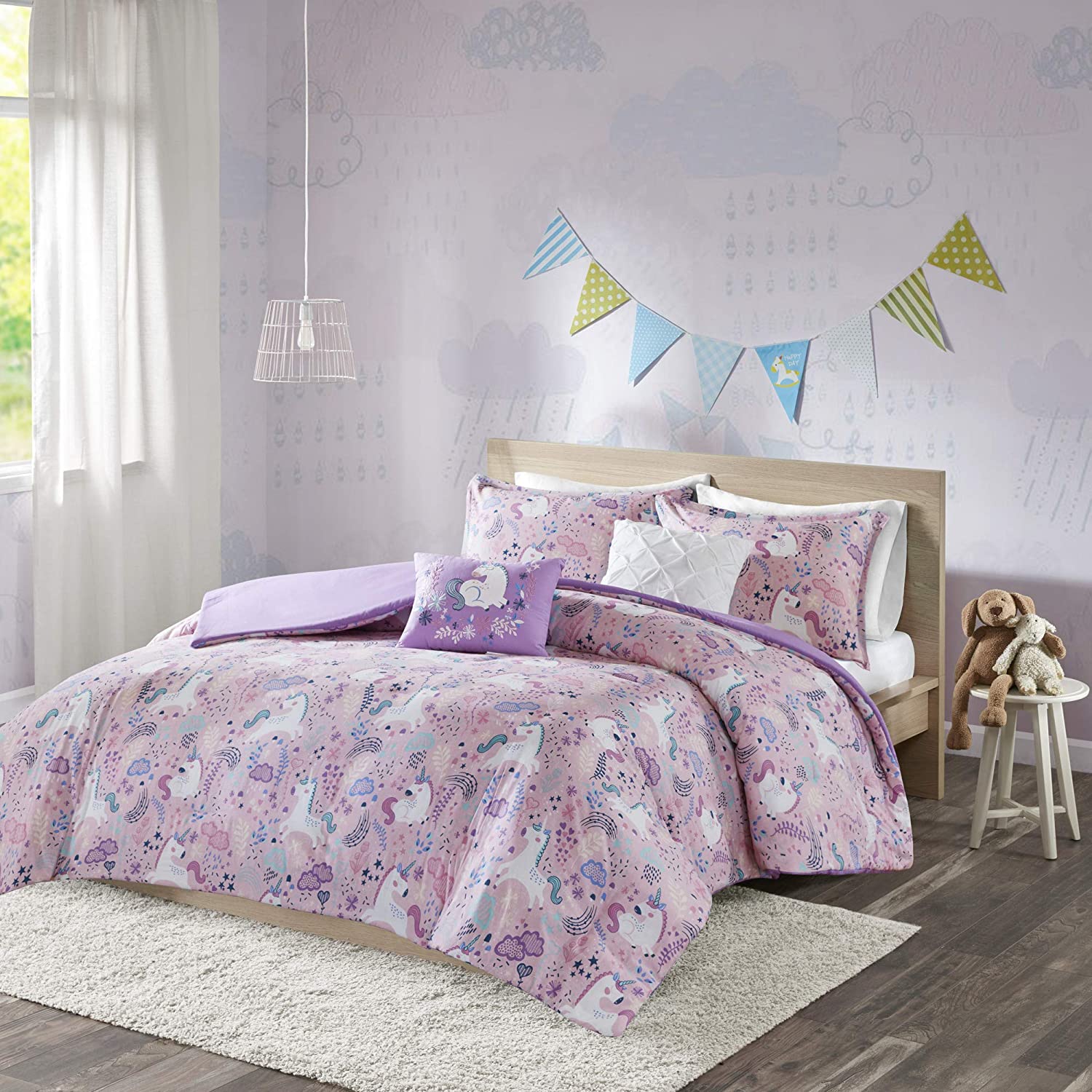 Price:$31.99  Habitat Kids Duvet Set Vibrant Fun and Playful Unicorn Print All Season Comforter Cover Matching Shams, Decorative Pillow, Children Bedding, Girls Bedroom Décor, Twin/Twin XL, Pink 4 Piece : Home & Kitchen
