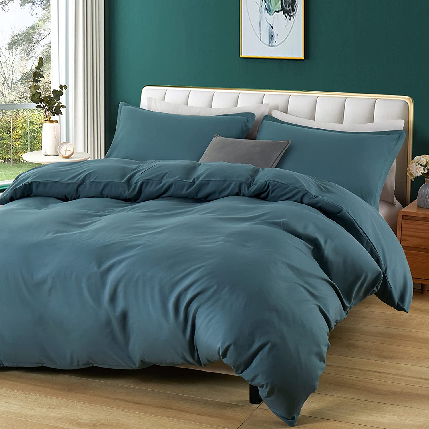 Price:$33.99  othuiny Steel Blue Duvet Cover King Size Set - 3 ieces Hotel-Quality Bedding Brushed Microfiber Comforter Cover with Zipper Closure, 1 Duvet Cover + 2 illow Shams : Home & Kitchen