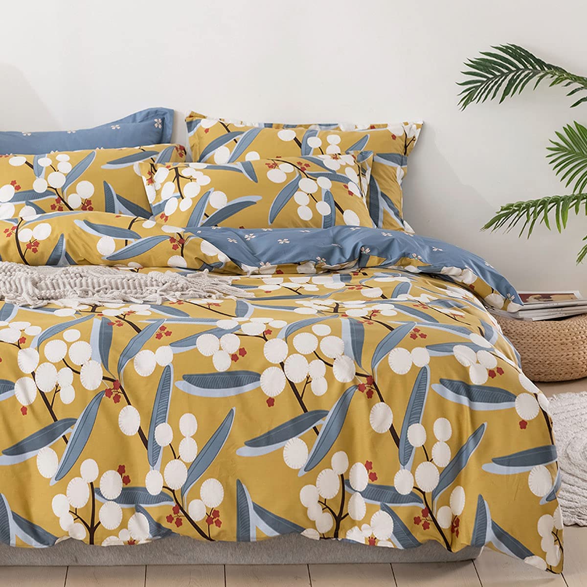 Price:$85.00  Cotton Duvet Cover Set King/Cal King, Yellow & Teal Reversible Leaves Fruit Printed Bedding, Premium 600 TC Super Soft Zipper Comforter Cover Botanical Flower Bed Sets 3 Piece, King : Home & Kitchen