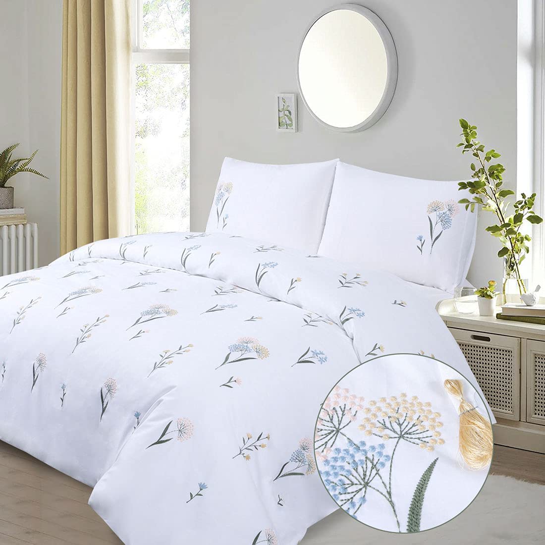 Price:$49.99  Duvet Cover Queen White Flower Cotton Embroidered Pink Floral Summer Garden Yellow Blue Bedding Set Green Leaves Wildflower French Country Farmhouse Quilt Cover 90x90 : Home & Kitchen