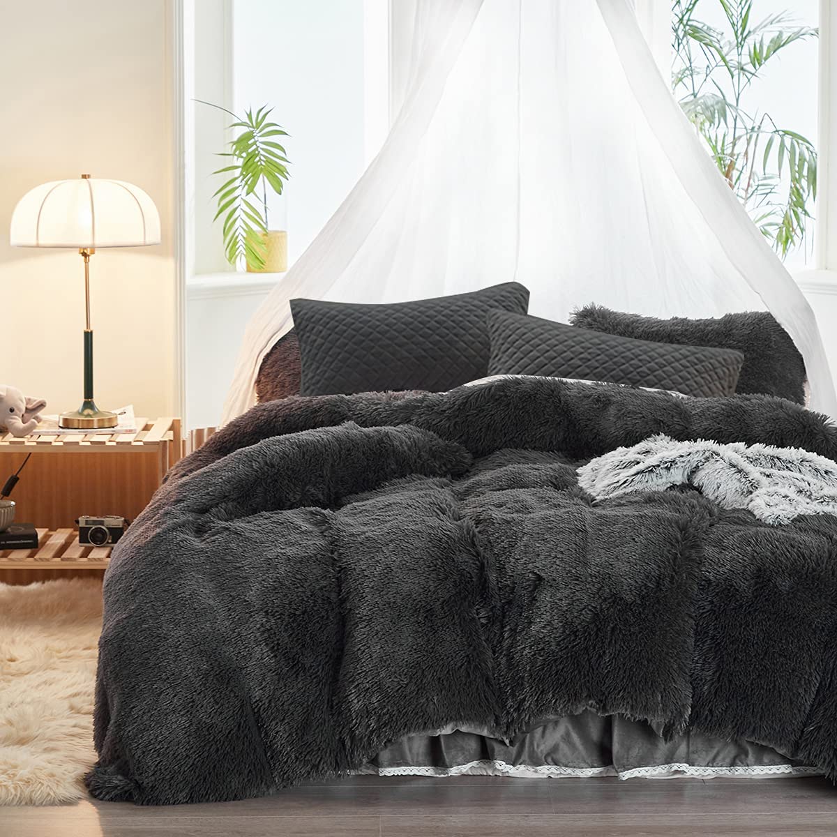 Price:$55.99  Bedding Luxury Plush Shaggy Flannel 3 PC Duvet Cover Set (1 Faux Fur Duvet Cover + 2 Quilted Pillow Shams) Solid,No Inside Filler,Zipper Closure Warm and Soft for Winter (Dark Gray,Queen) : Home & Kitchen