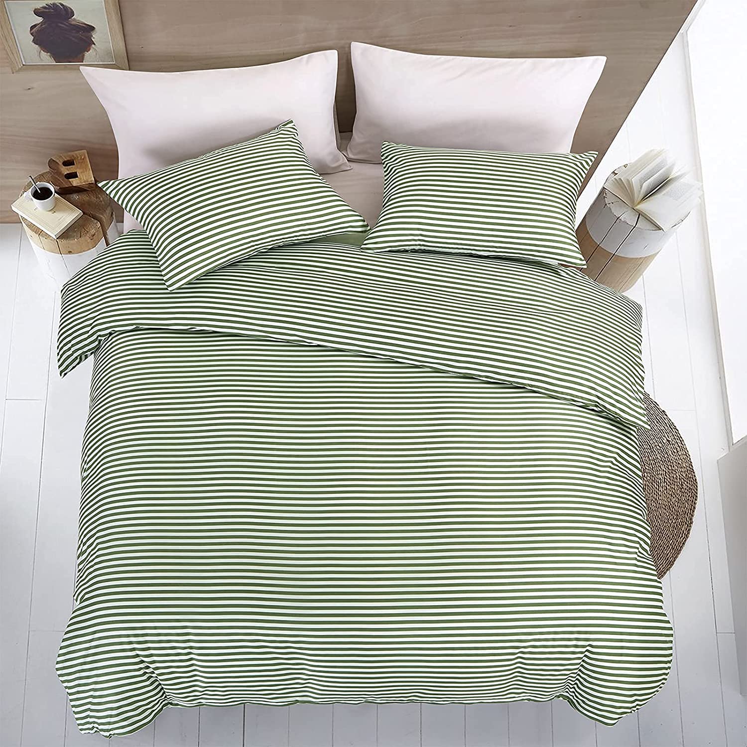 Price:$34.99  HOME Green Striped Print King Duvet Cover Set, Modern Concise Style Stripe Printed Comforter Cover Sets, Bed Collection, 1 Duvet Cover King Size 104x90 inches w Corner Ties and 2 Pillowcases : Home & Kitchen