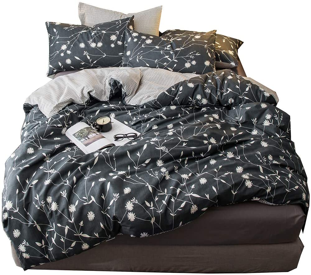 Price:$58.99  Flower Duvet Cover Queen Cotton Bedding Sets Dark Grey Floral Branches Printing Cottagecore Aesthetic Stripe Pattern Comforter Cover 3 Piece Duvet Cover Set Full : Home & Kitchen