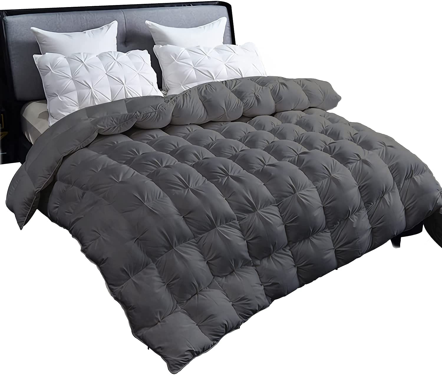 Price:$105.99  Grey Pinch Pleat Goose Down Comforter Fluffy for Winter, Soft Egyptian Cotton King Duvet, Down Comforter Insert Winter Warm for King Size Bedding (Grey, 106''x90'') : Home & Kitchen