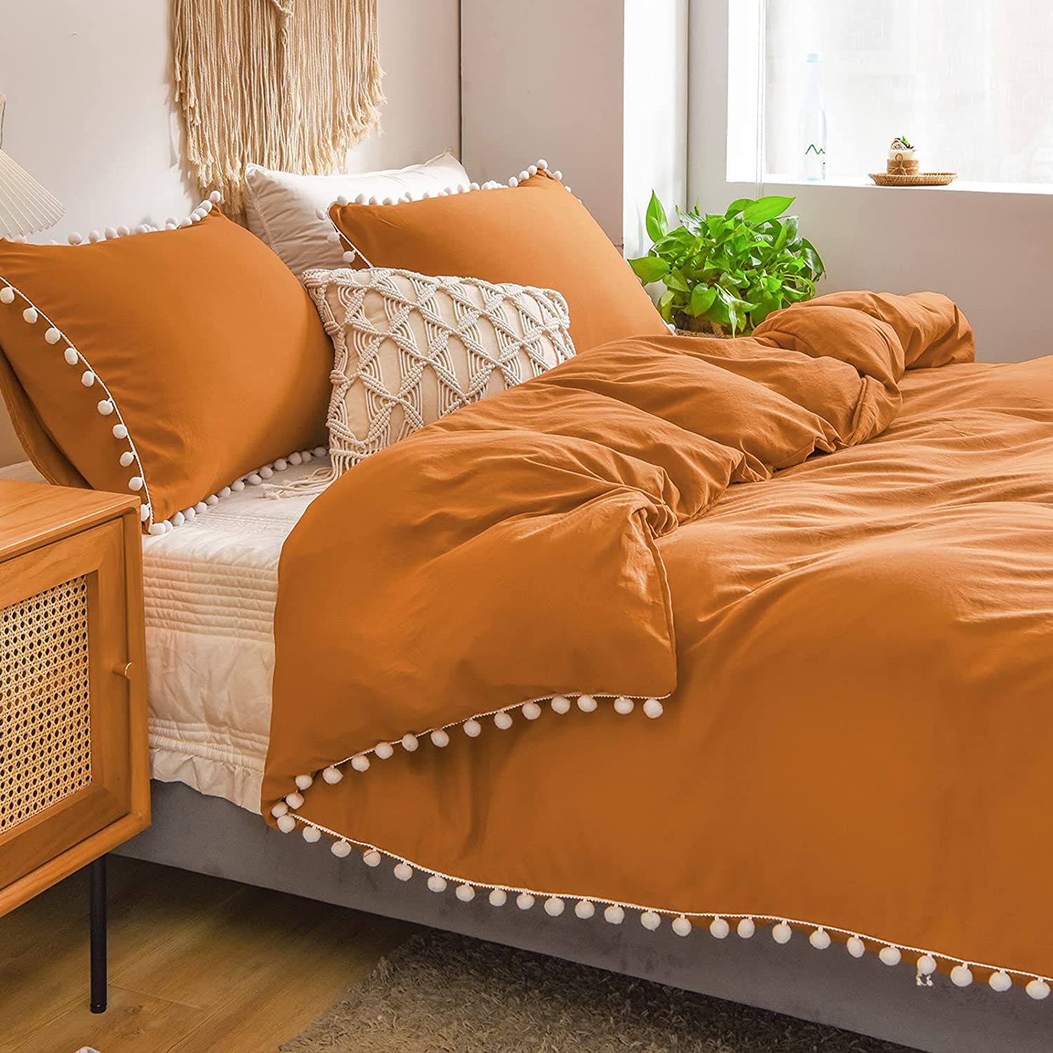 Price:$39.99  Burnt Orange Bedding Set Pumpkin Duvet Cover Set White Pom Pom Fringed Reddish Brown Rust Caramel Bedding Queen Size 3 Pieces 1 Duvet Cover 2 Pillowcases(Burnt Orange, Queen) : Home & Kitchen