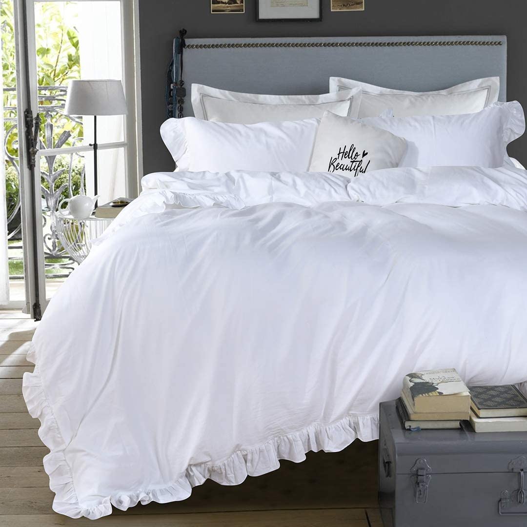Price:$74.99  Washed Cotton Ruffled King Duvet Cover Set,Vintage White Shabby Boho Chic Ruffle Farmhouse Bedding Comforter Quilt Cover 3 Pieces Aesthetic French Country Cottage King Bedding : Everything Else