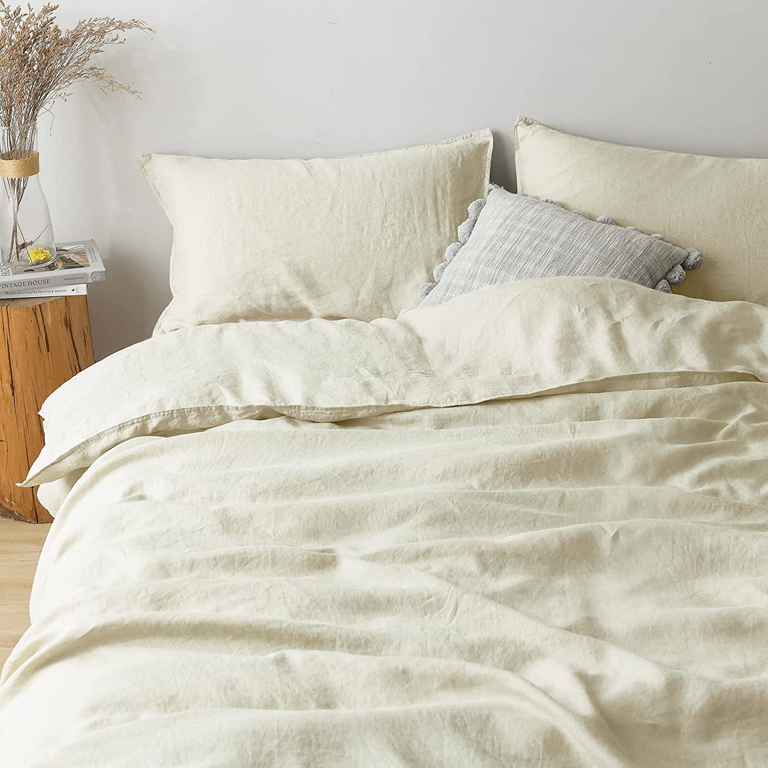 Price:$119.99  Natural French Linen Duvet Cover Set Washed Organic Flax Breathable Soft Comforter Cover Bedding Set, Off-White Queen Size : Home & Kitchen