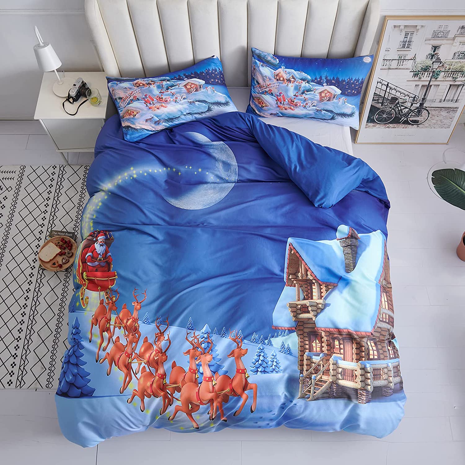 Price:$37.99  Christmas Duvet Cover Set,King Bedding Set,Decorative Comforter Cover,Holiday Quilt Cover with Zipper Closure,Santa Claus Deer Under Starry Night Blue,Soft Microfiber,3-Piece,New Year Gift : Home & Kitchen