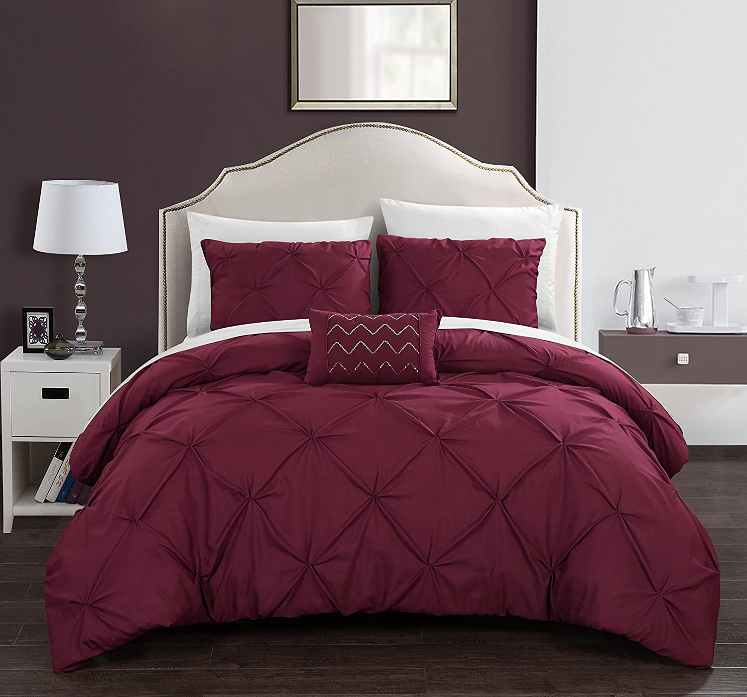 Price:$75.07  Home Daya 4 Piece Duvet Cover Set Pinch Pleat Ruffled Design Embellished Zipper Closure Bedding-Decorative Pillow Shams Included, Queen, Burgundy : Home & Kitchen