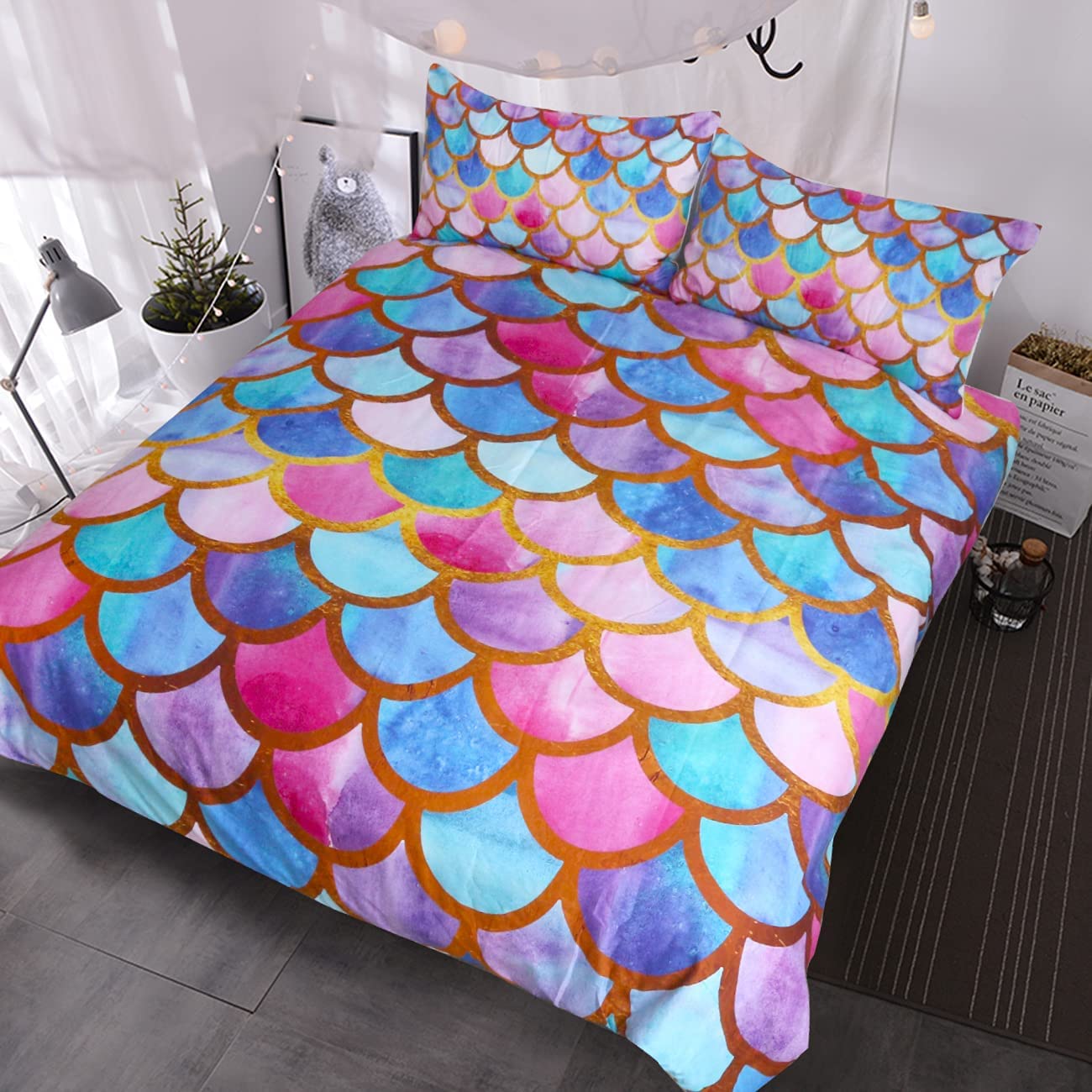 Price:$45.90  Mermaid Scale Bedding Girly 3D Fish Scale Duvet Cover 3 Piece Cute Mermaid Bed Set Kids Teens Girls Pastel Pink Purple Teal Gold Glitter Comforter Cover and Pillow Cases (Queen) : Home & Kitchen