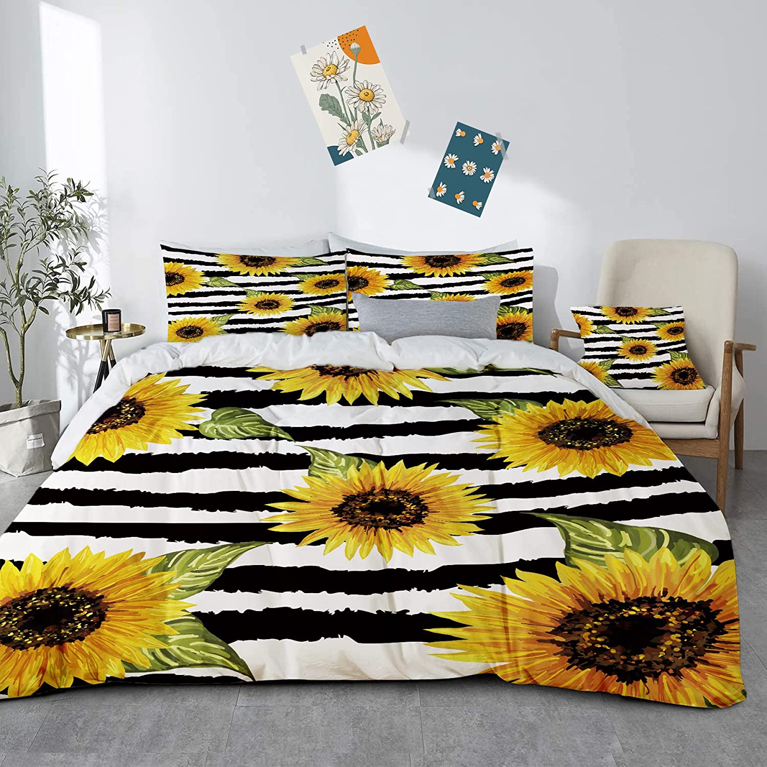 Price:$30.99  Sunflower Duvet Cover Set for Women, Yellow Floral Black White Striped Girls Flower Retro Blossom 3 Piece Bedding Set Botanical Comforter Set with 2 Pillow Shams(Sunflower, Queen Size) : Everything Else