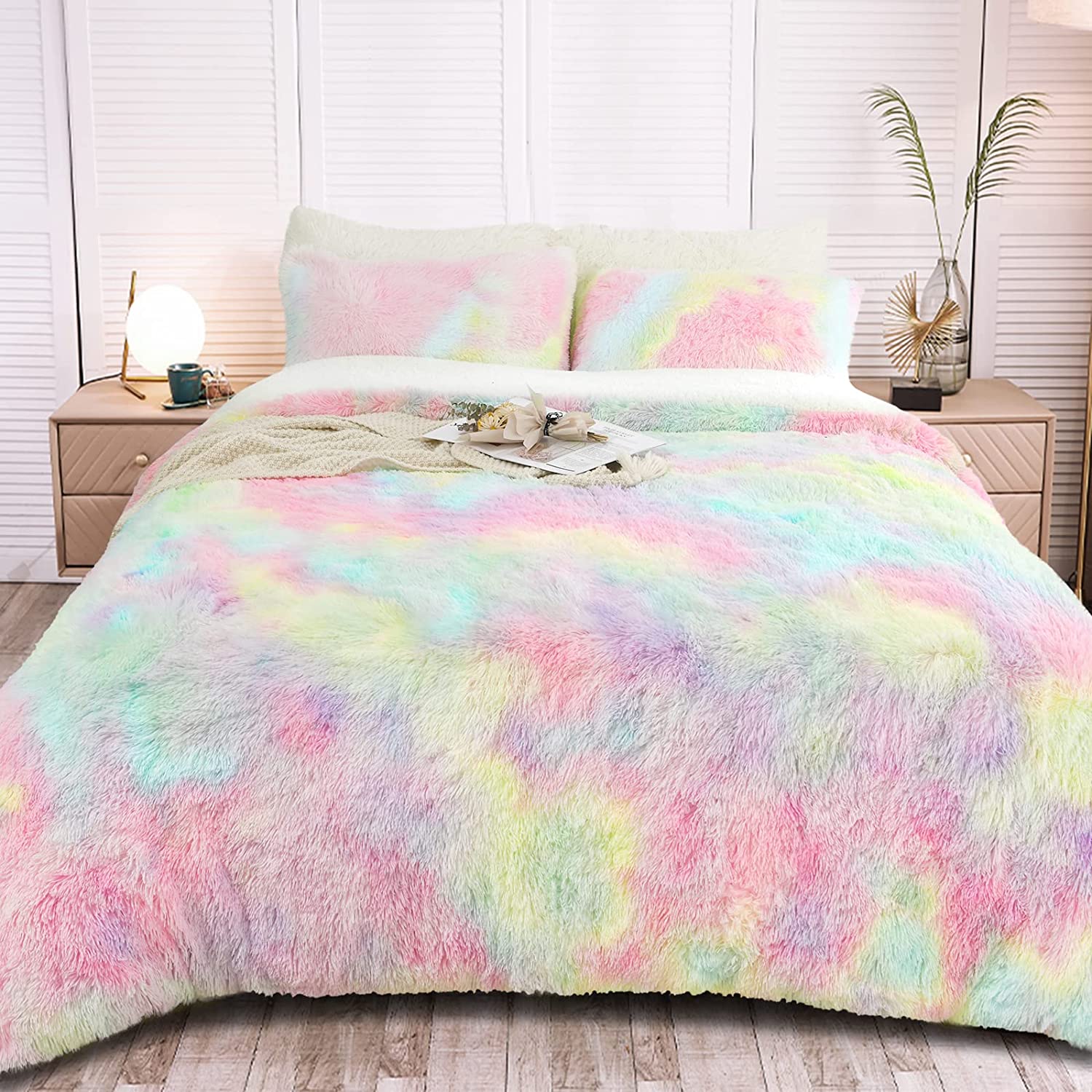 Price:$49.99  Plush Shaggy Rainbow Duvet Cover Set, 4 Pcs Super Soft Faux Fur Bedding Set, Colorful Tie Dye Fuzzy Comforter Set with 1 Furry Duvet Cover, 1 Bed Flat Sheet and 2 Rainbow Pillowcases, Queen : Everything Else