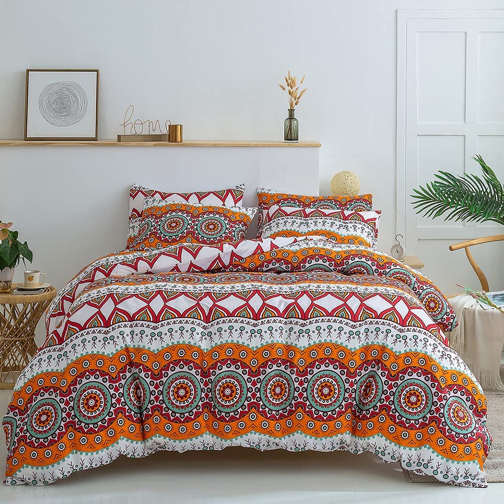 Price:$42.99  3pc King Size Duvet Cover Set, Green/Red/White Printed Boho Comforter Cover, Brush Microfiber Beeding Set with Zipper Closure & Corner Ties, 1 Duvet Cover & 2 Pillow Shams : Home & Kitchen