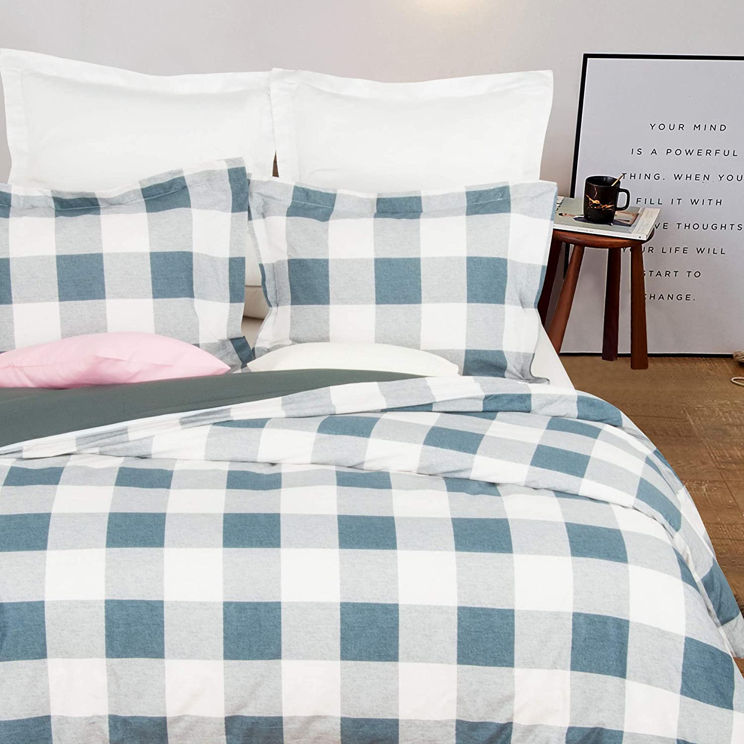 Price:$24.99  Microfiber Twin Duvet Cover Set, 2 Pieces Ultra Soft Grid Printed Comforter Cover Set with Zipper Closure and Corner Ties, Blue and Grey : Home & Kitchen
