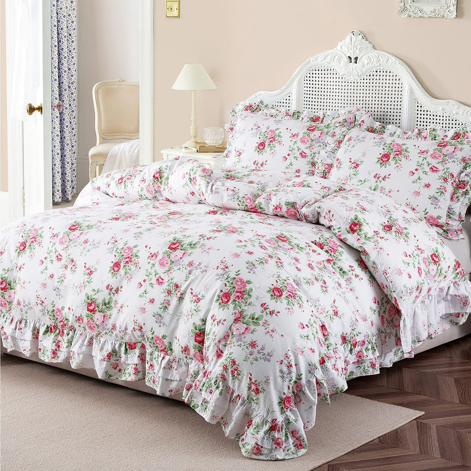 Price:$59.99  Art Ruffle Duvet Cover Set Queen, 100% Cotton Rose Floral Duvet Cover Farmhouse Vintage Shabby and Chic 3 Pieces with Pillow Shams (Rose, Queen) : Home & Kitchen