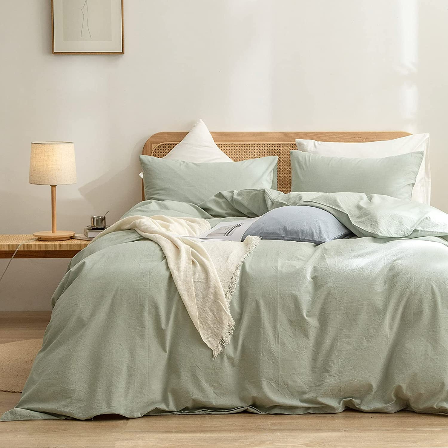 Price:$59.49  Duvet Cover Set 100% Washed Cotton Linen Feel Super Soft Comfortable Chic Lightweight 3 PCs Home Bedding Set Sage Green King : Home & Kitchen