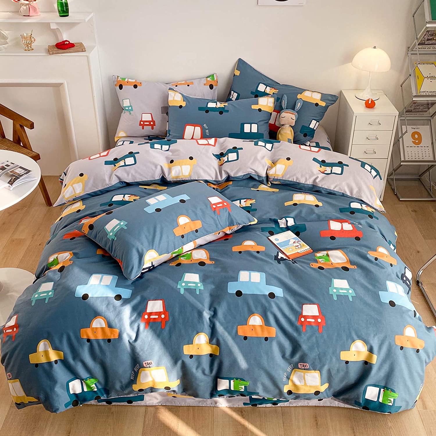 Price:$45.99  Cars Duvet Cover Set Twin 100% Cotton Bedding for Kids Boys Girls Teens Crocodile Bus Transportation on Navy Blue Gray 1 Cartoon Car Comforter Cover Zipper Ties 2 Pillowcases Twin : Home & Kitchen