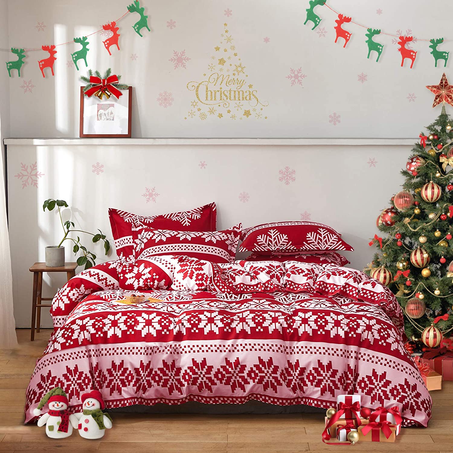 Price:$36.98  3 Pieces Duvet Cover Set, Christmas Theme Red and Light Pink Snowflake Pattern, Soft n Breathable Microfiber for All Seasons, 1 Duvet Cover and 2 Pillow Shams (Twin, 68x90 inches) : Home & Kitchen