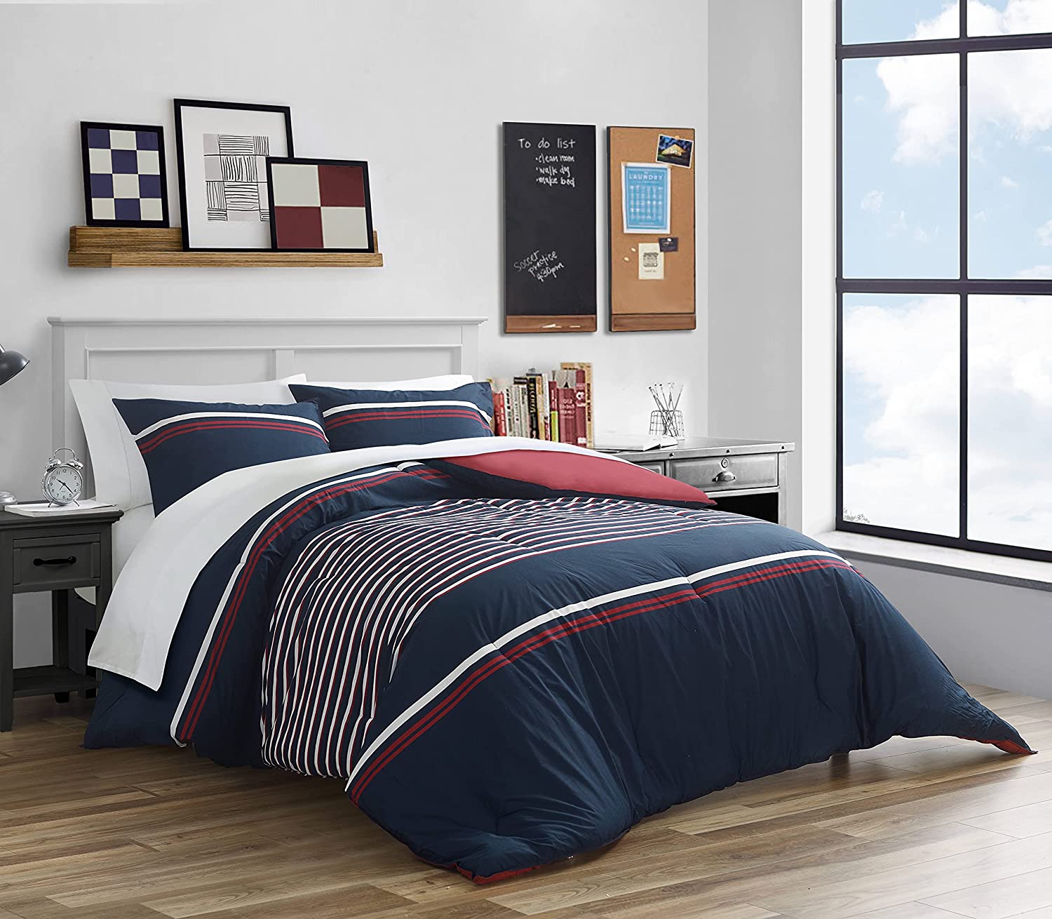 Price:$175.00  Mineola Collection 100% Cotton Cozy & Soft, Durable & Breathable Reversible Duvet Cover with Matching Shams, 3-Piece Bedding Set, King, Navy : Home & Kitchen