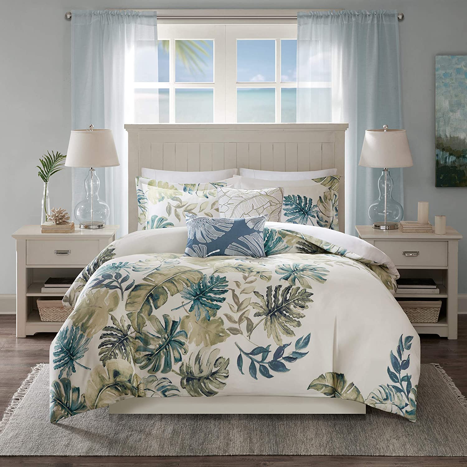 Price:$156.99  House Cotton Duvet Set - Coastal, Beach Cottage Design, All Season, Breathable Comforter Cover Tropical Bedding, Matching Shams, Monstera Leaf Green Queen(90"x90") 5 Piece : Home & Kitchen