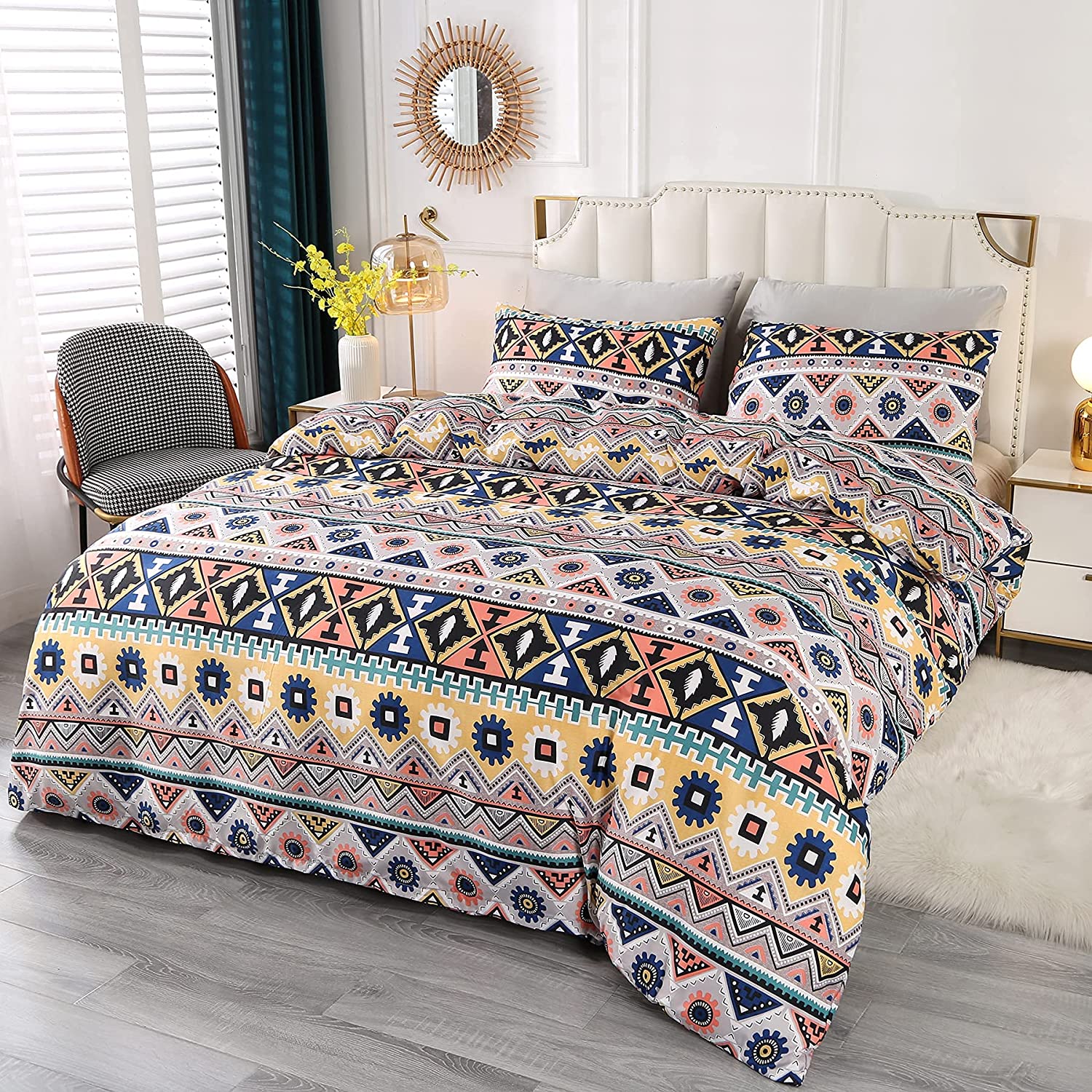 Price:$44.99  Duvet Cover Set King Size 3 Piece Colorful Bohemian Comforter Cover Set Soft Breathable Durable Bedding Set with Zipper Closure Corner Ties and 2 Pillow Shams : Home & Kitchen