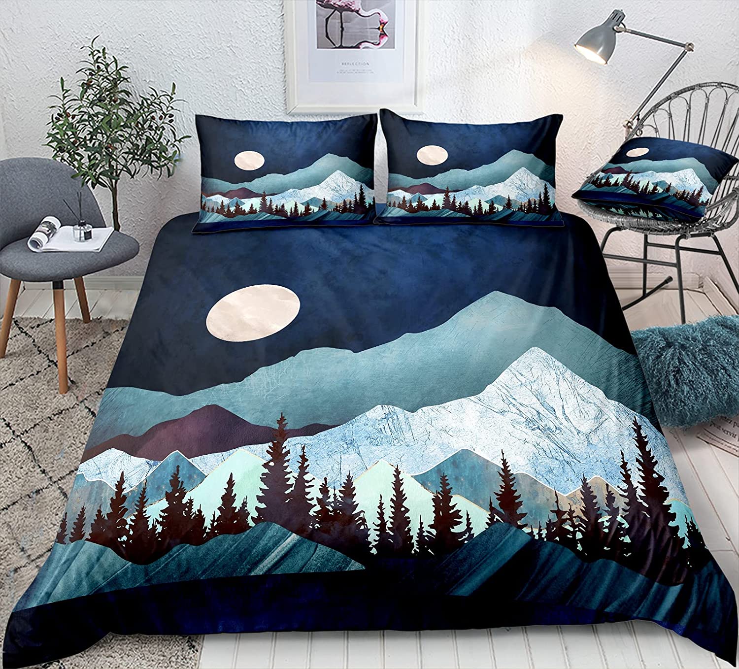 Price:$46.99  Duvet Cover Set Watercolor Moon Bedding Snow Mountain Tree Forests and Bright Moonlight Printed Landscape Mountain Bedding Sets Queen 1 Duvet Cover 2 Pillowcases (Queen, Mountain) : Home & Kitchen