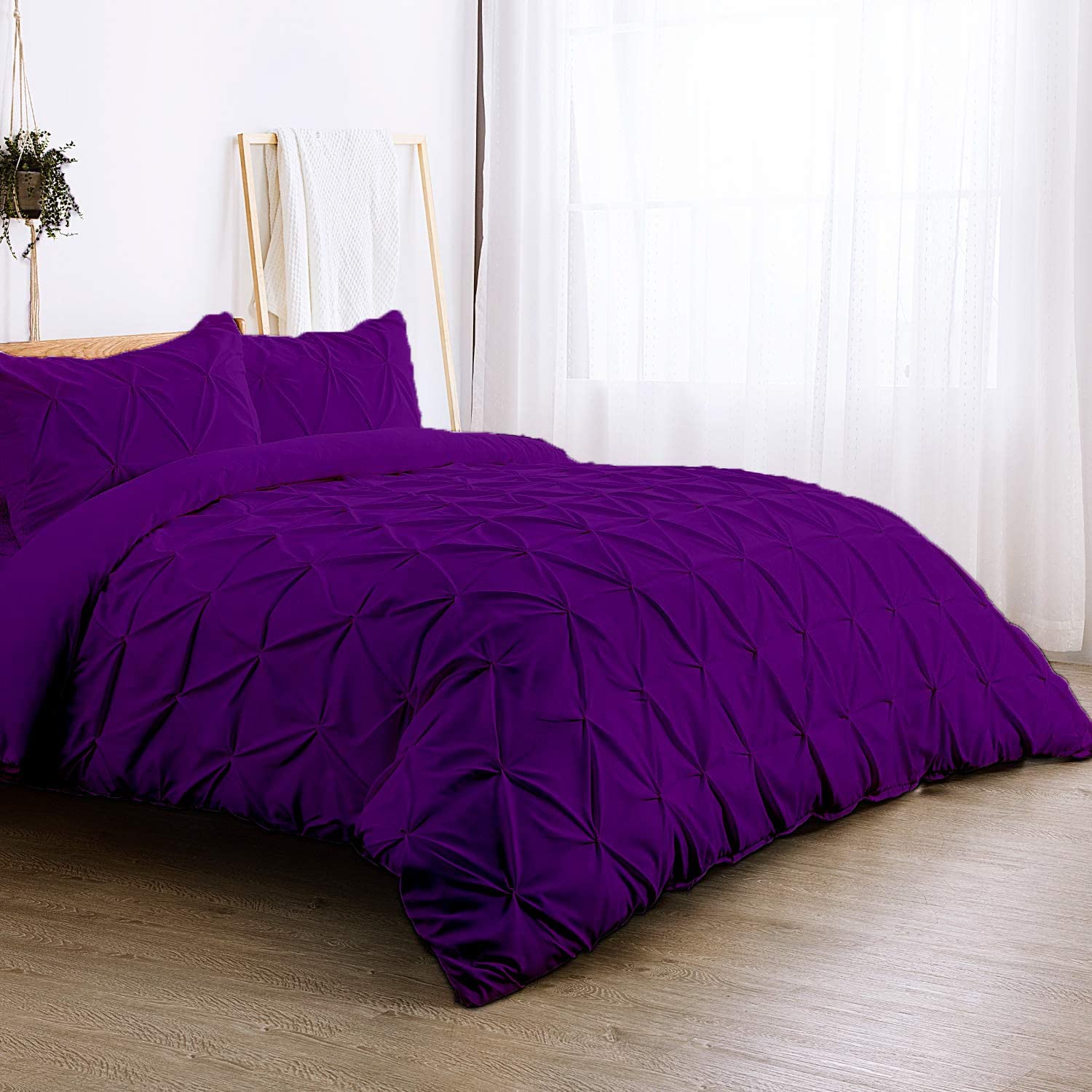 Price:$119.99  Green Purple Pinch Pleated 3Pc Duvet Cover Set - Super King Plus 120 x 120 Inches 100% Organic Cotton with Button Closure & Corner Ties - Ultra-Soft- Breathable - 850TC-Machine Washable : Home & Kitchen