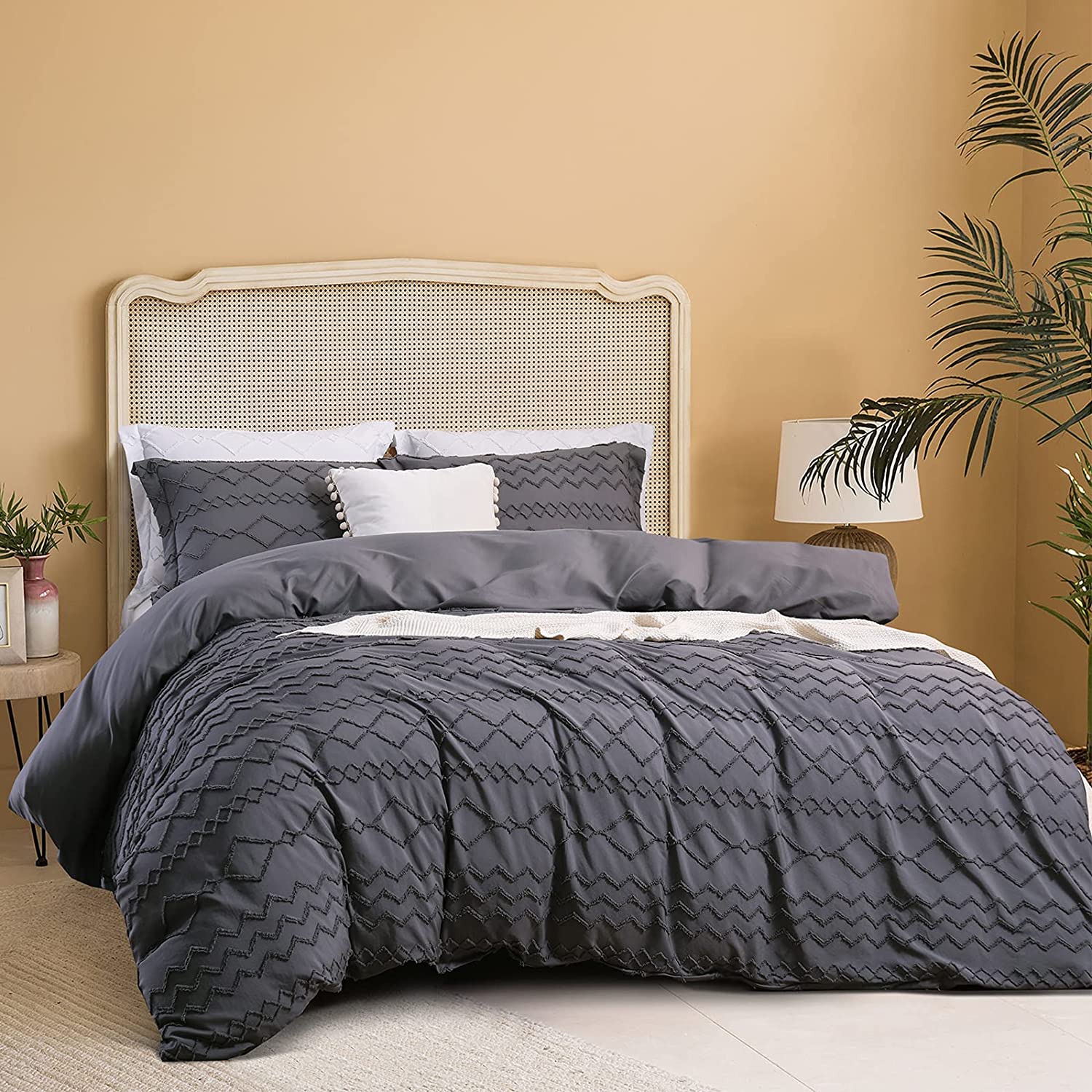 Price:$39.99  Tufted Duvet Cover Set, Boho Bedding All Season Duvet Cover Set, 3 Pieces Embroidery Retro Elegant Style Home Duvet Cover Cal-King Size with Zipper Closure (Grey, 102x94'') : Home & Kitchen