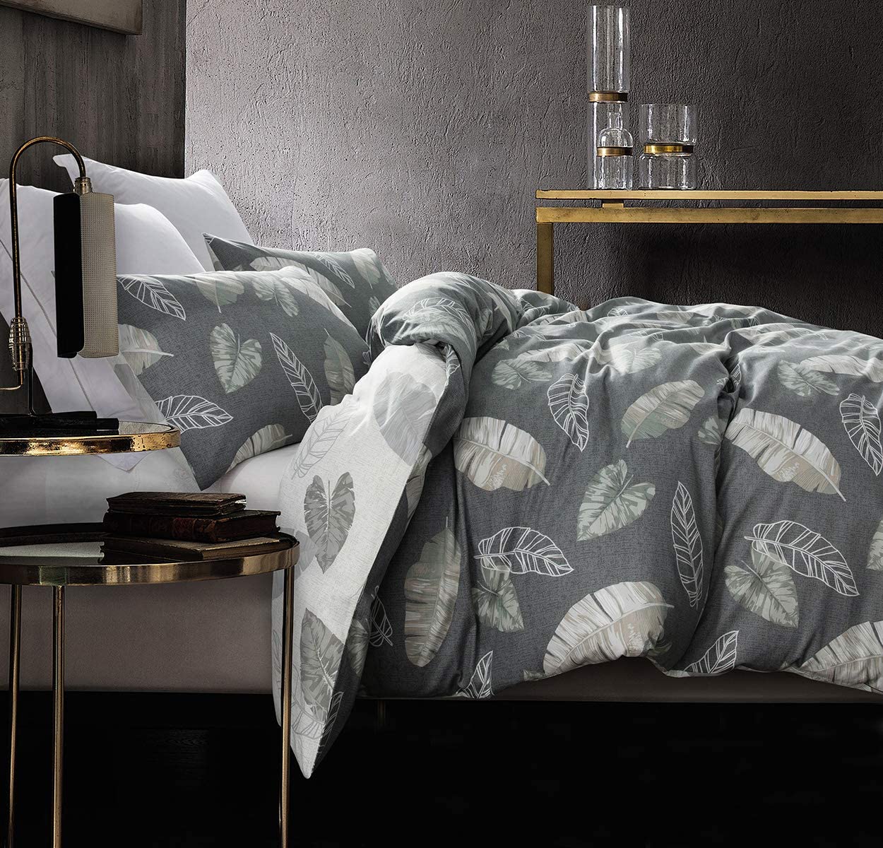 Price:$54.99  Cover Set, 600 Thread Count Cotton Grey Botanical Floral Comforter Cover Set White Reversible Cover (King, Grey-Leaf) : Home & Kitchen