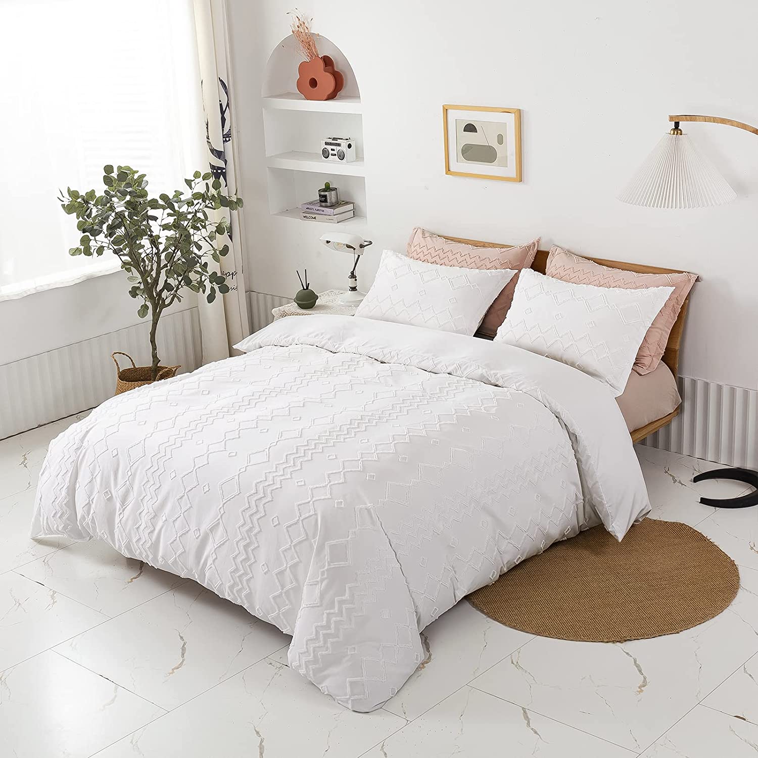 Price:$45.99  Tufted Queen Duvet Cover Chic Embroidery Comforter Cover with Button Closure & Corner Ties Soft and Durable White Bedding Set for All Seasons 3 Pieces : Home & Kitchen