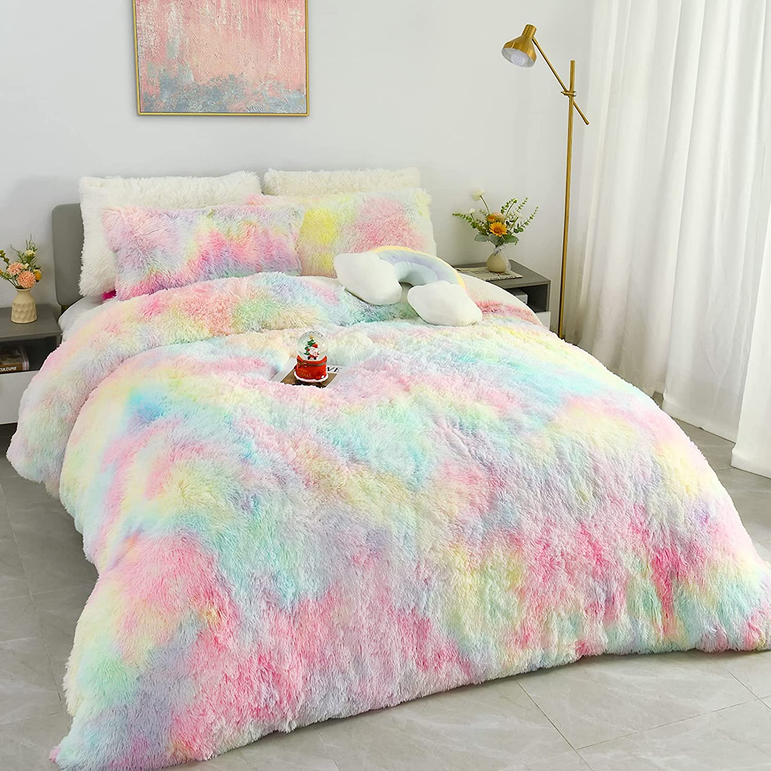 Price:$59.96  Plush Fluffy Rainbow Duvet Cover, Luxury Ultra Soft Shaggy Bedding Set 4 Pieces, Cute Fuzzy Comforter Set with Sherpa Reversible, 1 Faux Fur Duvet Cover, 1 Fitted Sheet, 2 Pillow Cases, King : Home & Kitchen