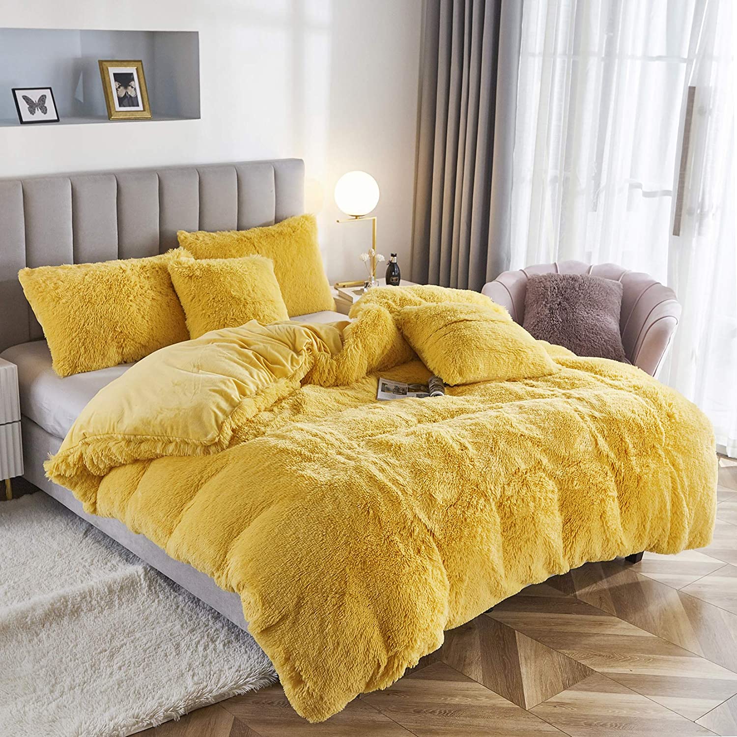 Price:$59.99  Solid Fluffy 1PC Faux Fur Plush Duvet Cover Shaggy Velvet Bedspread Zipper Closure (Lemon Yellow, Queen) : Home & Kitchen