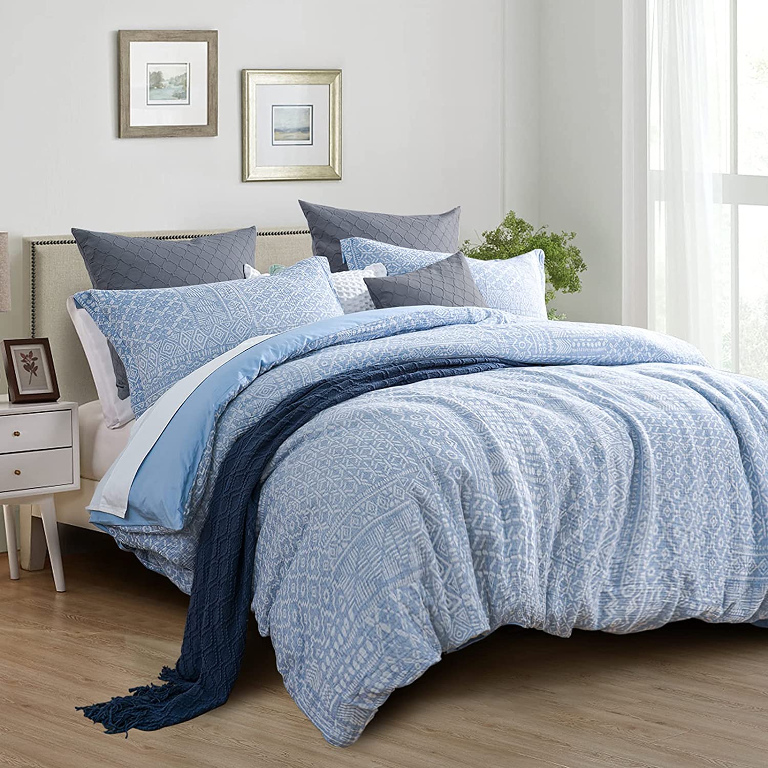 Price:$49.99  Home Duvet Cover Set Queen Size 100% Cotton, Boho Muslin Bedding Set Breathable Comforter Cover Set, 3 PCS, 90'' x 92'', Light Blue : Home & Kitchen