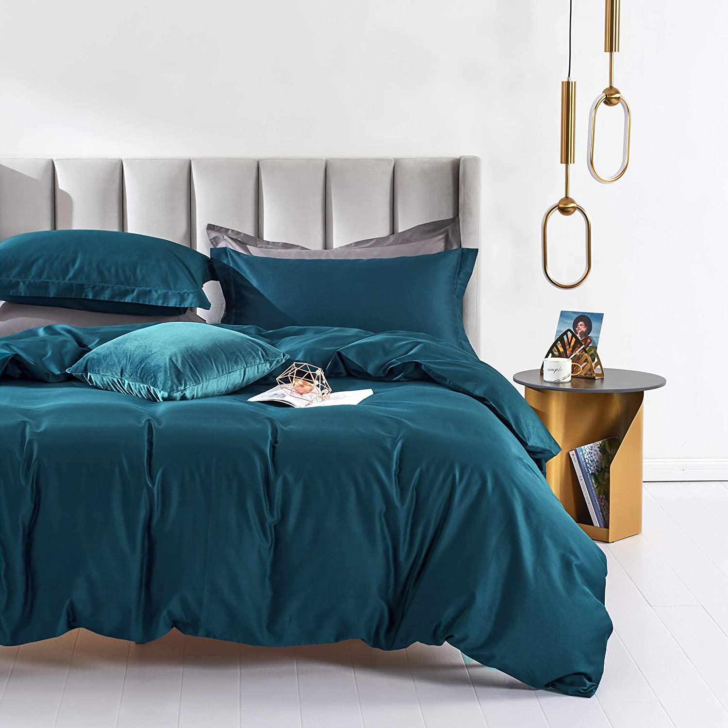Price:$95.99  100% Egyptian Cotton Duvet Cover Peacock Blue Morden Bedding Set King Size with Zipper Closure & Corner Tie (No Comforter) : Home & Kitchen