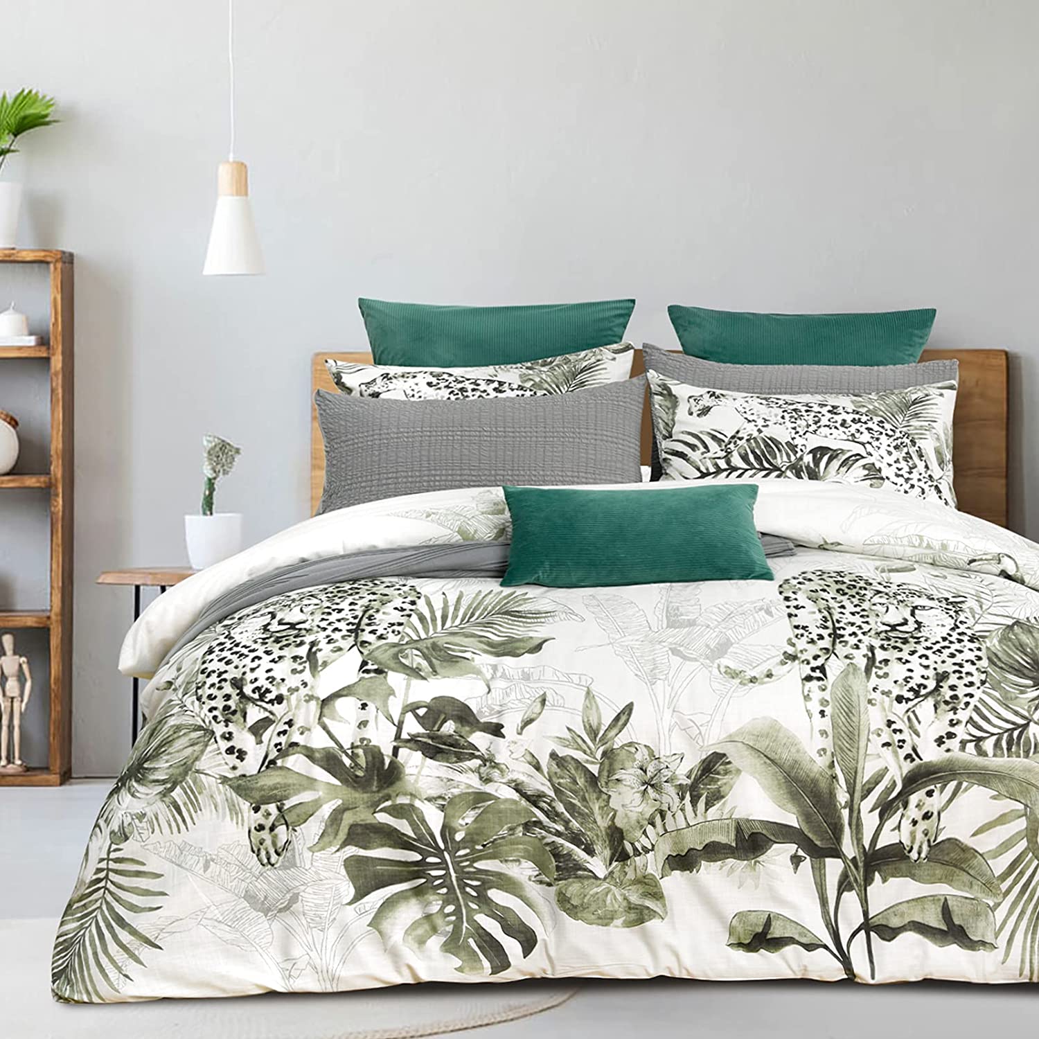 Price:$59.99  Home Tropical Duvet Cover Set King Size-Leopard Print Wildlife Comforter Cover-100% Cotton Rainforest Bedding with Button Closure-3PCS-106x92 Inches-Mint Green : Everything Else