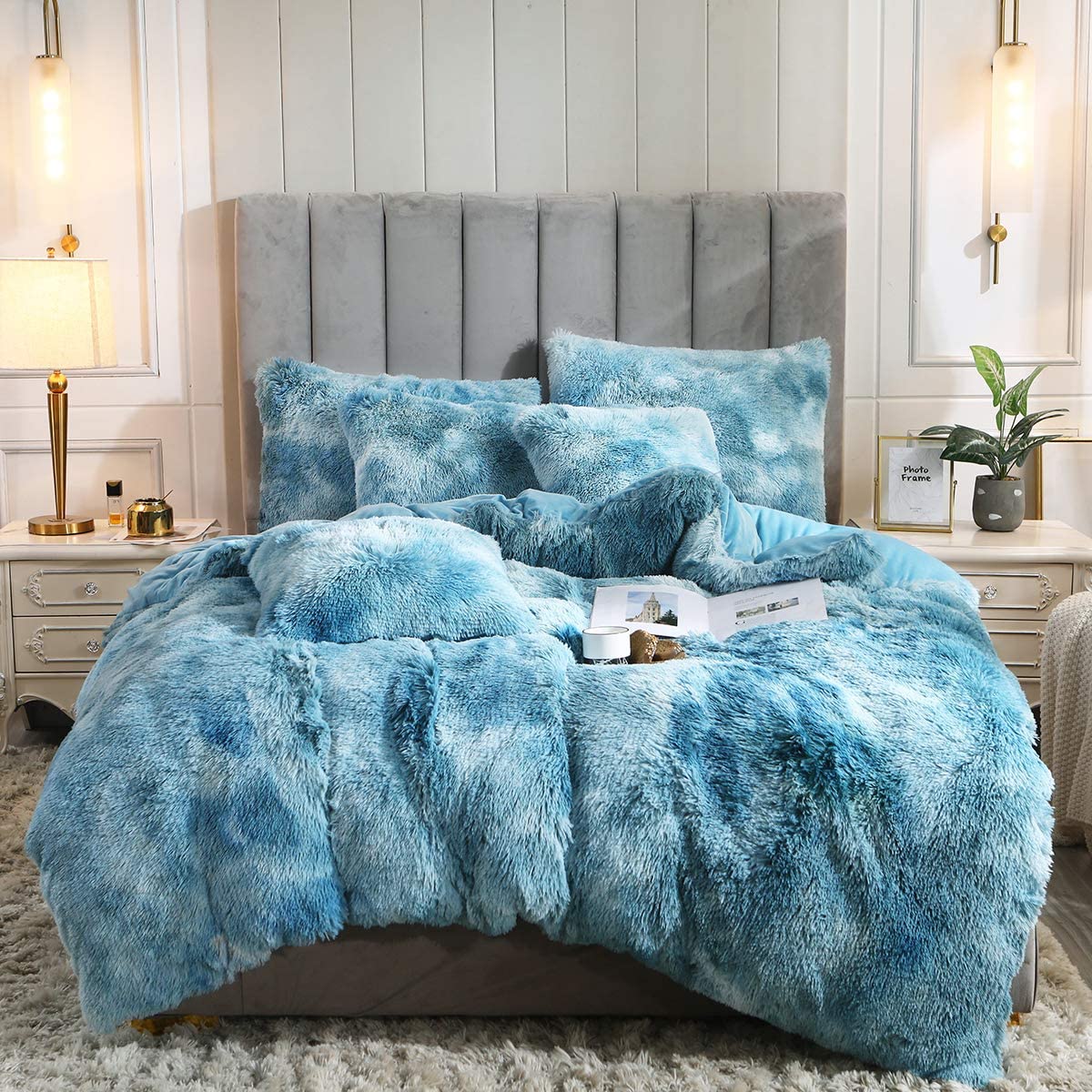 Price:$69.99  Tie Dye Printed Faux Fur Bedding Set Modern Abstract Shaggy Plush Duvet Cover with Pillow Shams, Ultra Soft Warm and Durable (Twin, Turquoise) : Home & Kitchen