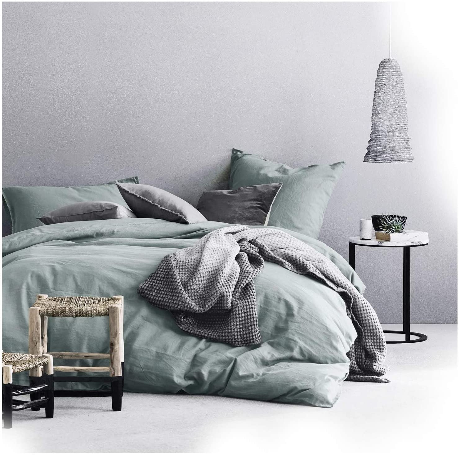 Price:$98.80  Washed Cotton Chambray Duvet Cover Solid Color Casual Modern Style Bedding Set Relaxed Soft Feel Natural Wrinkled Look (King, Eucalyptus Mint) : Home & Kitchen