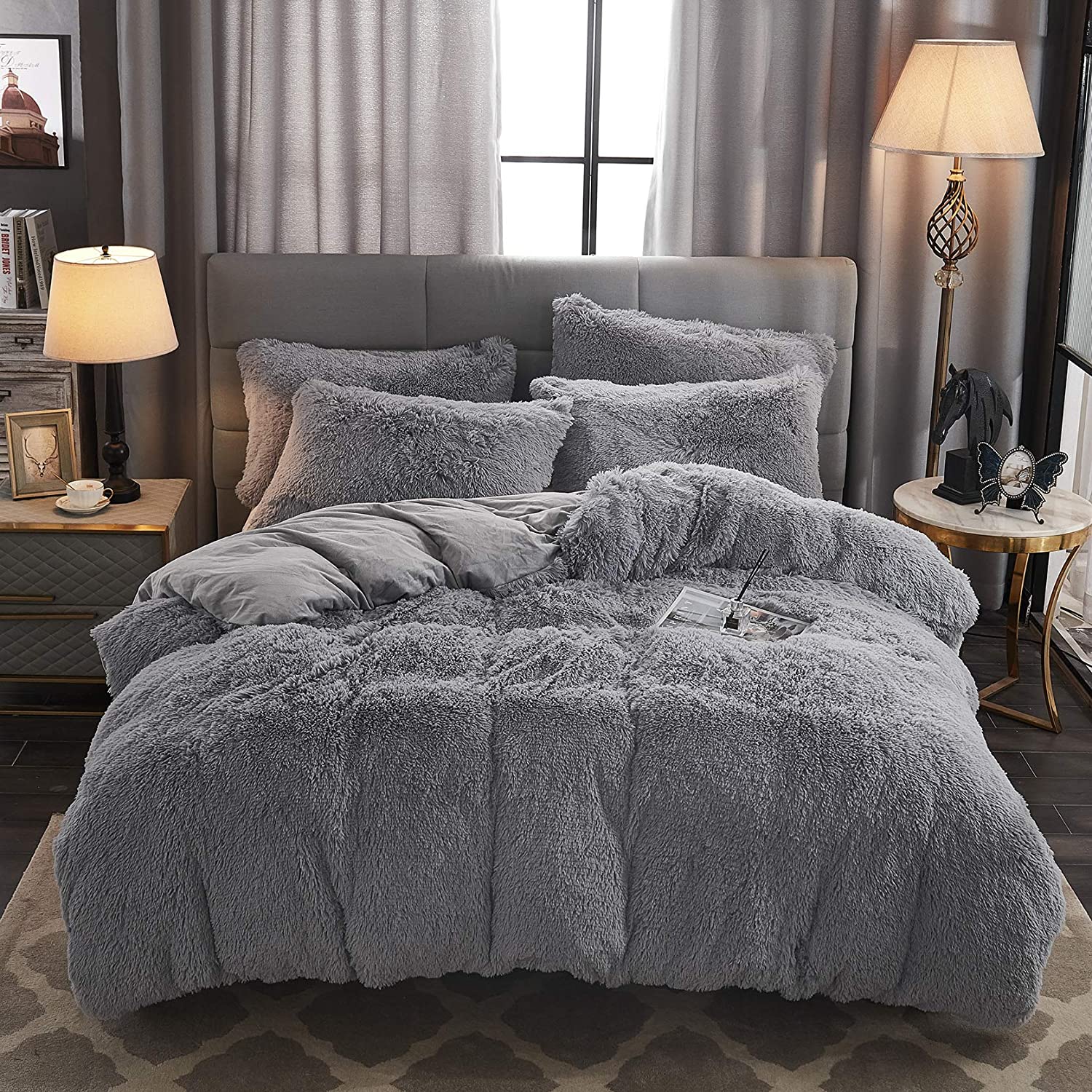 Price:$59.99  Shaggy Fluffy Faux Fur Duvet Cover Set Button Closure Velvety Bedding Set Comforter Cover with Pillowcases Light Gray, Queen Size : Home & Kitchen