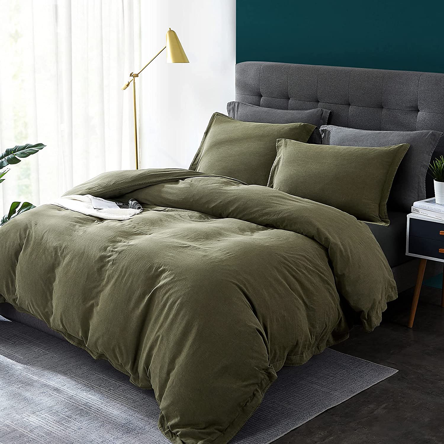Price:$49.99  100% Washed Cotton Duvet Cover Set 3 Piece, Duvet Covers Vintage Style, Soft Breathable, Cozy and Easy Care, Linen Like Textured Bedding Set with Button (Dark Green, King 3 Pcs) : Home & Kitchen