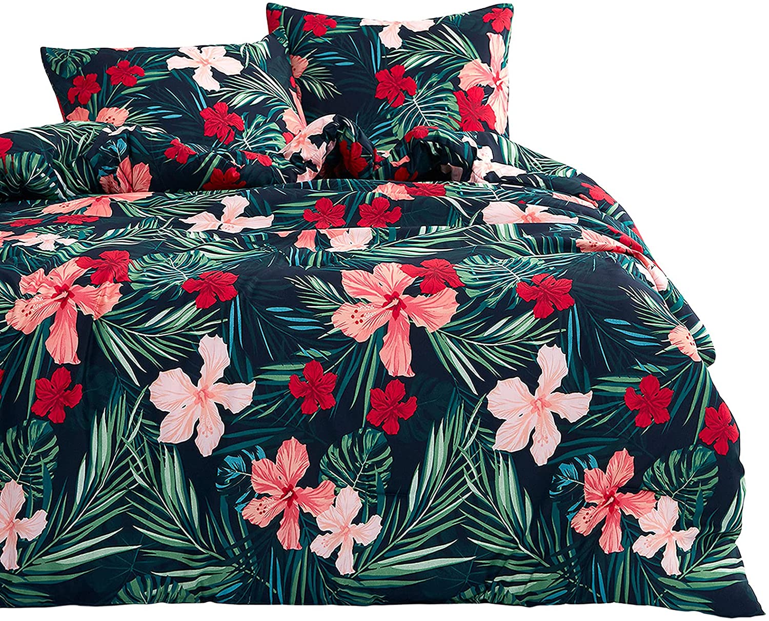 Price:$35.99  In Cloud - Floral Duvet Cover Set, Tropical Flowers Tree Leaves Pattern Printed, Navy Blue on Reverse, Soft Microfiber Bedding with Zipper Closure (3pcs, Queen Size) : Home & Kitchen