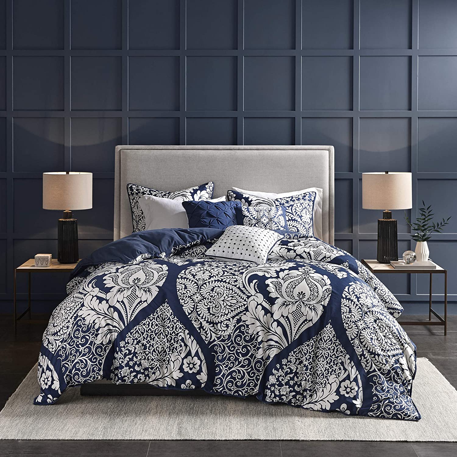 Price:$33.99  Park 100% Cotton Duvet Set-Classic Traditional Design Cozy All Season Comforter Cover, Matching Shams, Decorative Pillows, King/California King (104 in x 92 in), Indigo 6 Piece : Home & Kitchen