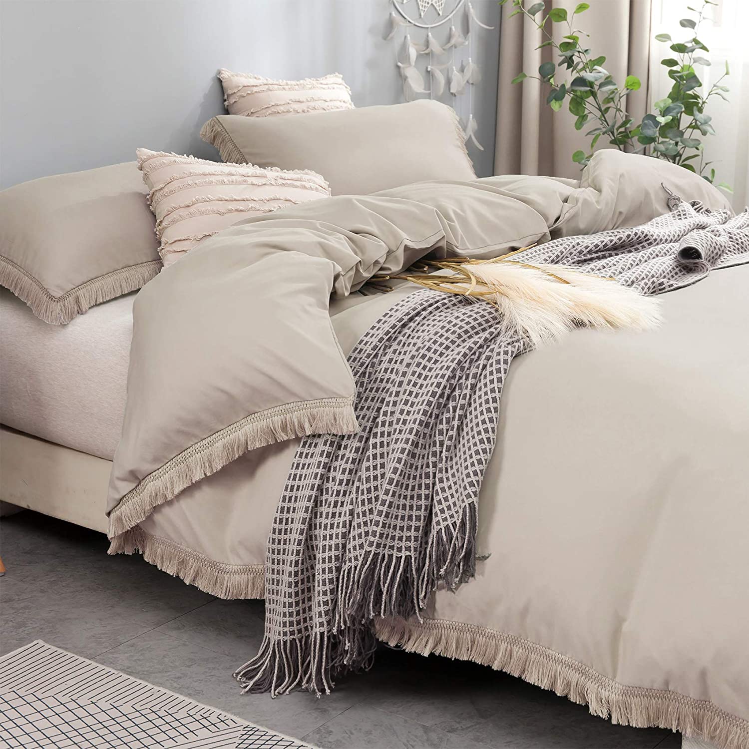 Price:$45.99  Duvet Cover King Size, 100% Washed Microfiber 3 Pieces Tassel Bedding Set, Ultra Soft and Durable with Zipper Closure & Corner Ties (Khaki, King) : Home & Kitchen