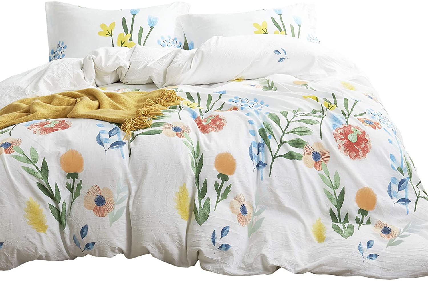 Price:$89.99  In Cloud - Floral Duvet Cover Set, 100% Cotton Bedding, Colorful Watercolor Flowers Leaves Painting Printed on White, Zipper Closure (3pcs, Full Size) : Home & Kitchen