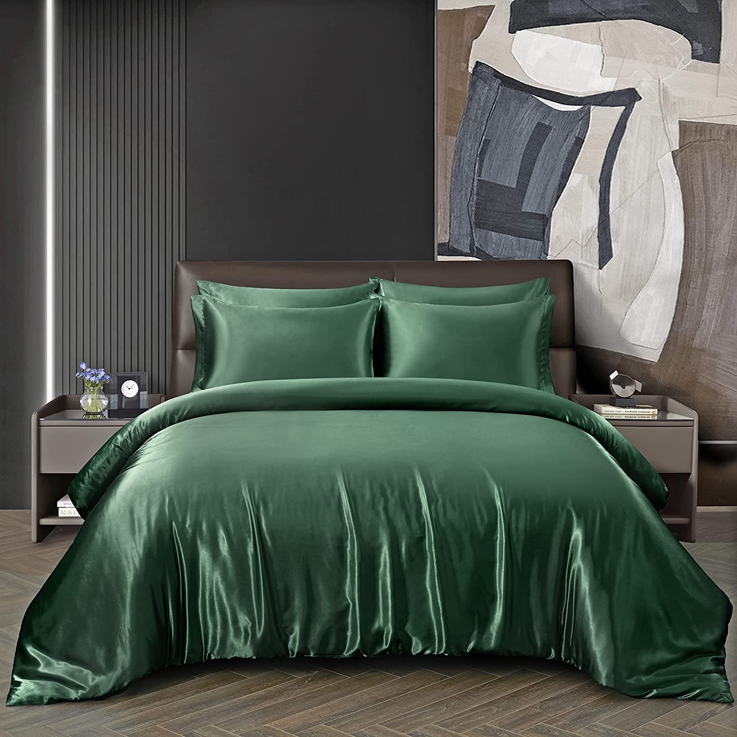 Price:$34.99  5-Pieces Satin Duvet Cover Set Full/Queen Size Blackish Green Bedding Duvet Cover Luxury Silk Duvet Cover with Zipper Closure, 1 Duvet Cover + 4 Pillowcases (Blackish Green, Full/Queen) : Everything Else