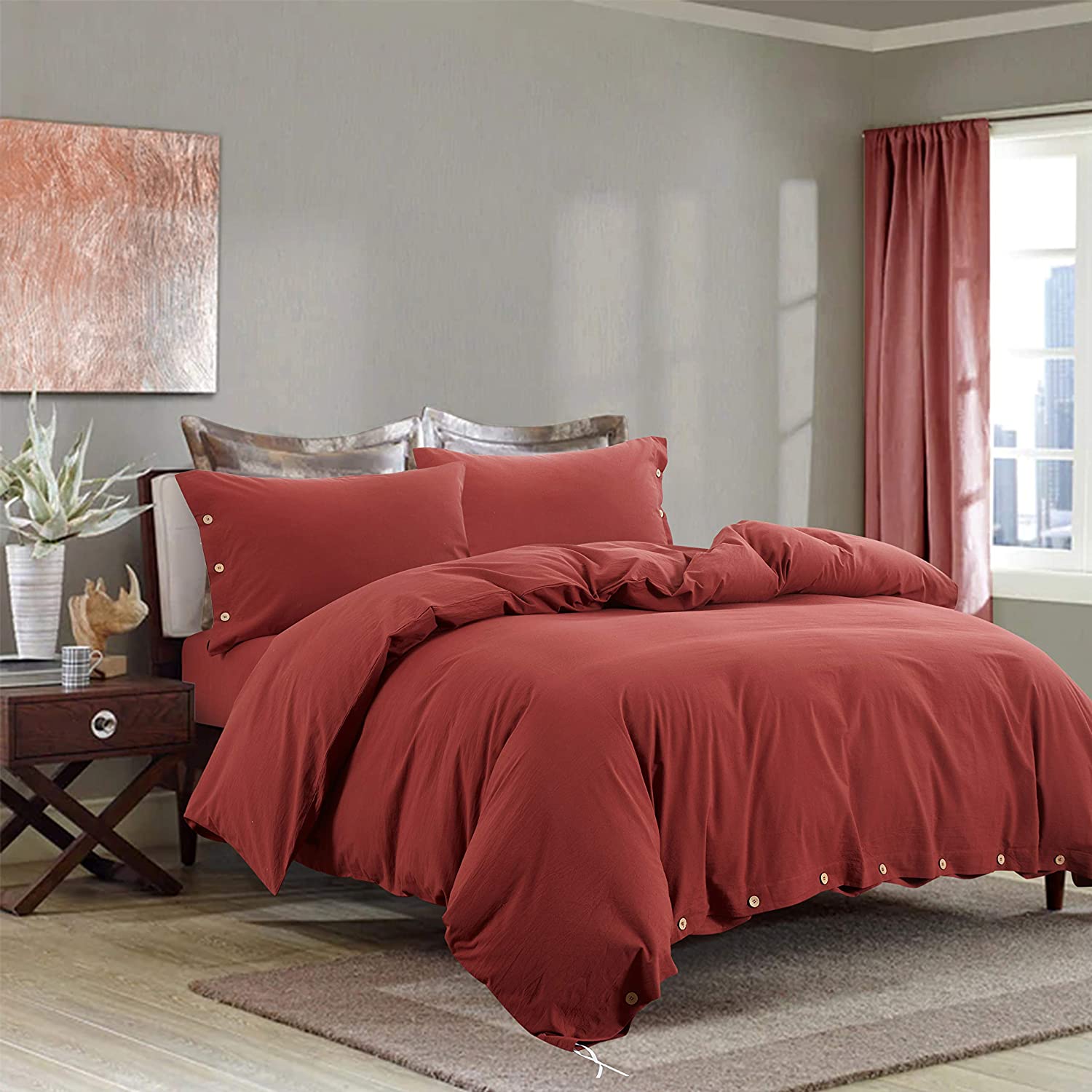 Price:$39.99  Washed Cotton Duvet Cover Queen Size, Brick Red Bed Cover 3 Pieces, Soft Bedding Set, 90x92 Inches : Home & Kitchen