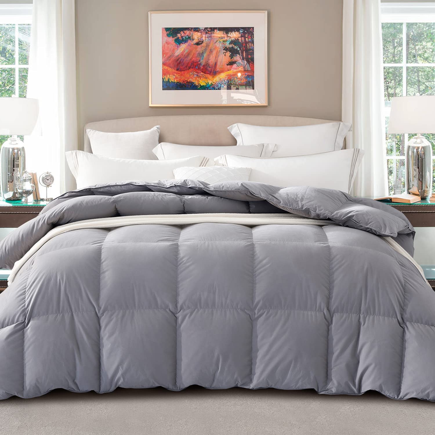 Price:$129.99  Brand - Pinzon All-Season Ultra Soft Down Comforter Duvet Insert, 100% Cotton, Medium Warmth For All Season- Grey, King : Home & Kitchen