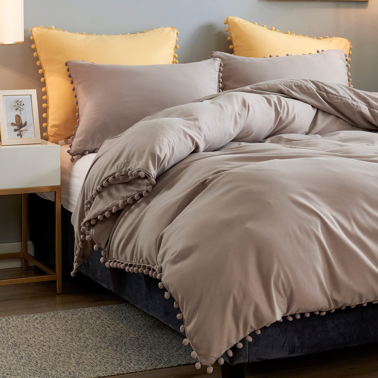 Price:$37.58  Home Boho Bedding Pom Pom Duvet Cover King Size, 104x90 3pcs Pom Pom Fringe Comforter Cover, 100% Polyester Soft and Breathable Bedding Set with Zipper Closure & Corner Ties (Khaki, King) : Home & Kitchen